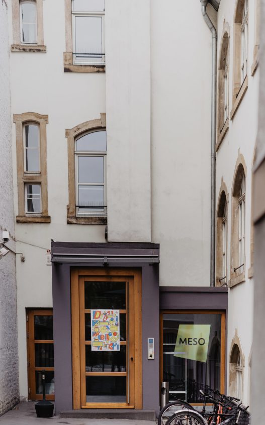 Außenansicht von der Haustür der Agentur MESO mit DW Poster.